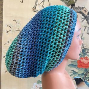 Crochet Mesh Snood Hat Hair Net Blue Green Cotton Boho Hippie Unique Handmade